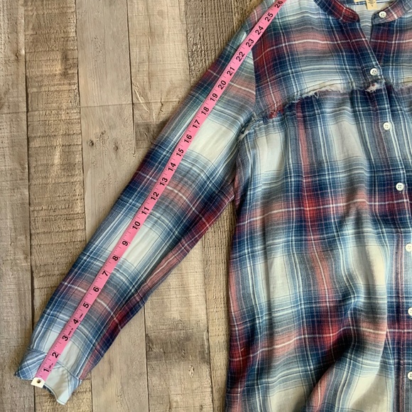 Anthropologie Cloth & Stone Red Blue Cotton Plaid Collarless Button Front Top S - Picture 11 of 13